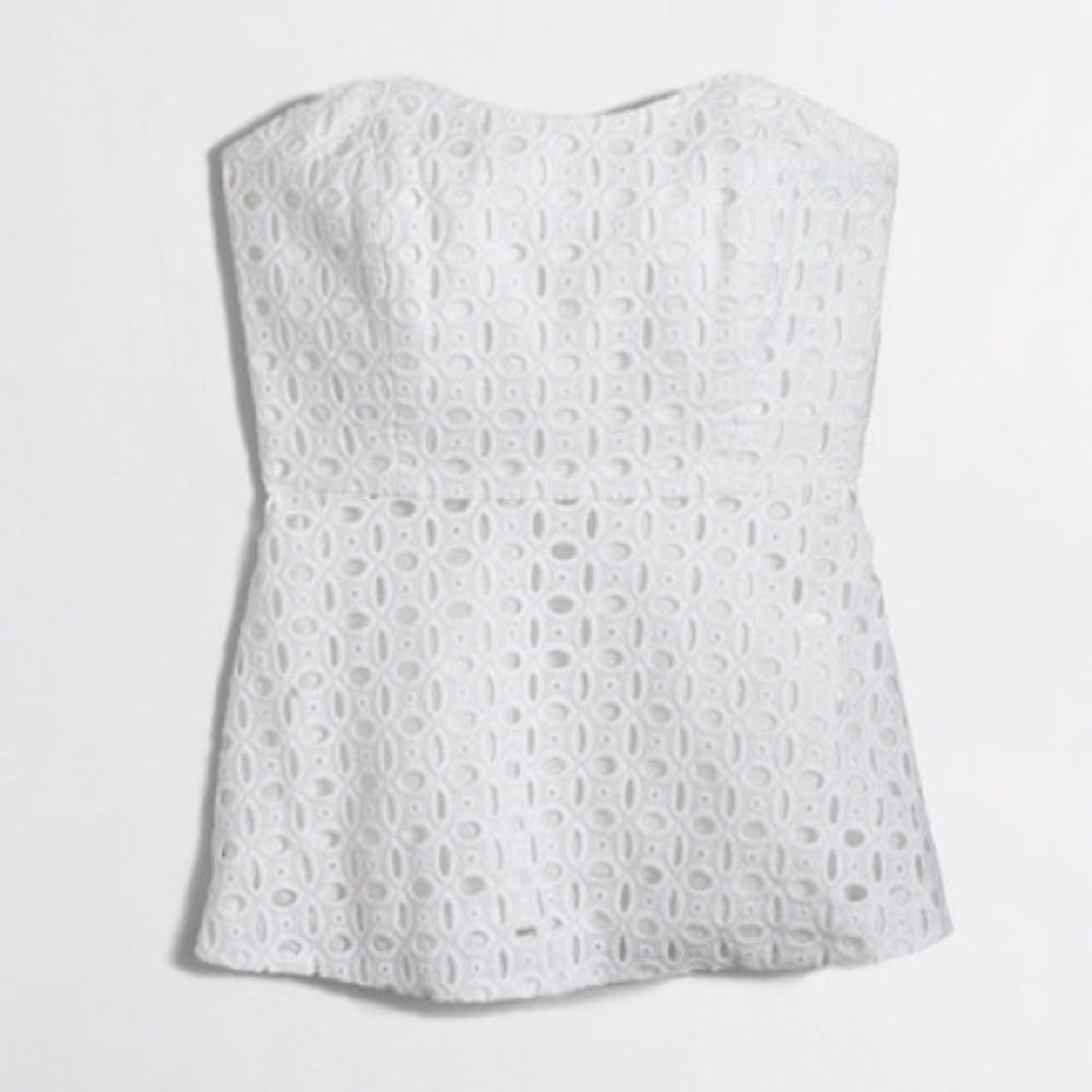 J. Crew White Strapless Eyelet Peplum Top